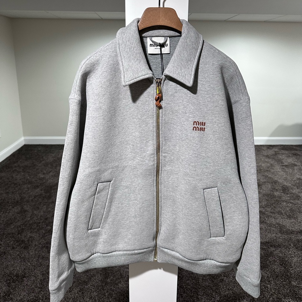 Miu Miu Grey Jersey Blouson Pleated Zip Jacket 2024